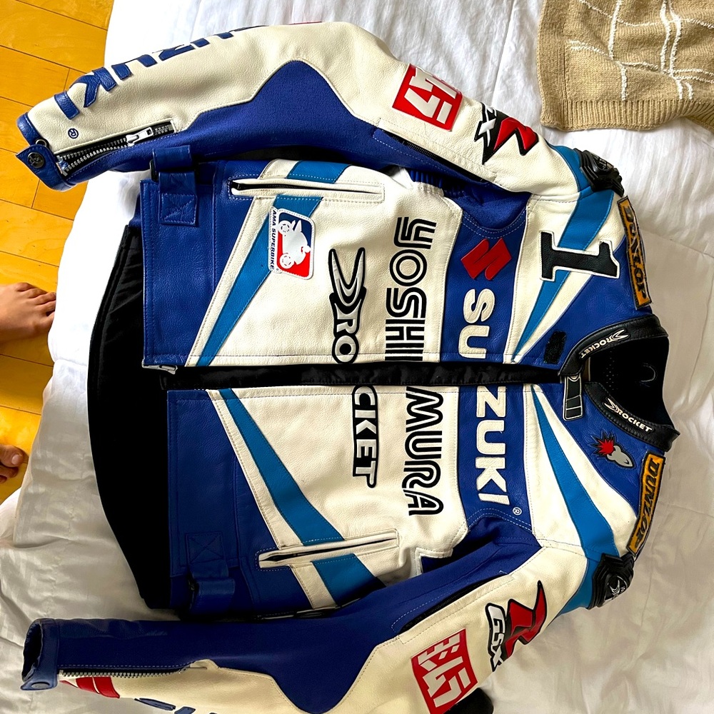 Veste original moto Suzuki Rocket Yoshimura cuir bleu avec protections taille 40